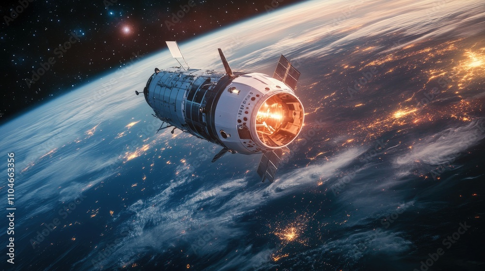 Poster a high-tech spacecraft soars over earth, illuminated by a mesmerizing glow, as it ventures into the 