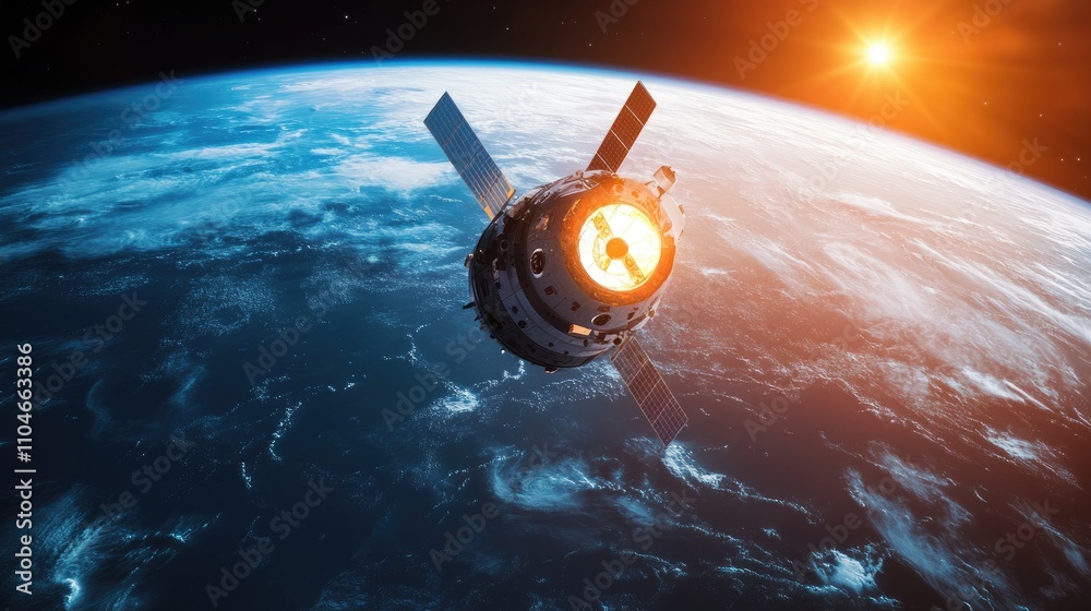 Poster a high-tech spacecraft soars over earth, illuminated by a mesmerizing glow, as it ventures into the 