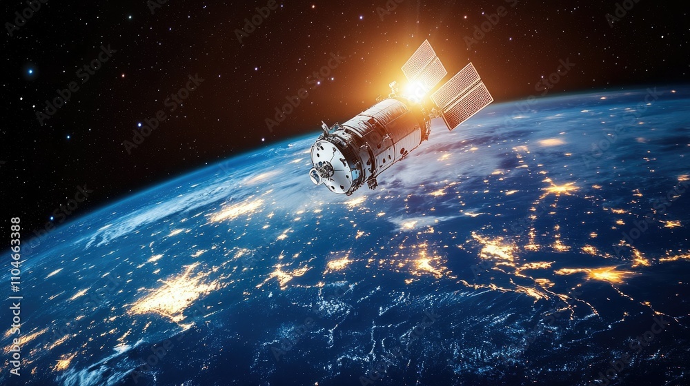 Poster a high-tech spacecraft soars over earth, illuminated by a mesmerizing glow, as it ventures into the 