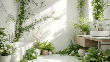 A modern bathroom features a white bathtub and sink, surrounded by abundant potted plants and climbing greenery creating a tranquil, spalike atmosphere. Sunlight streams in.