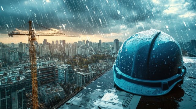 A hard hat and wet architectural plans are framed by rain, capturing the energy of urban construction amidst a bustling city under a cloudy sky.