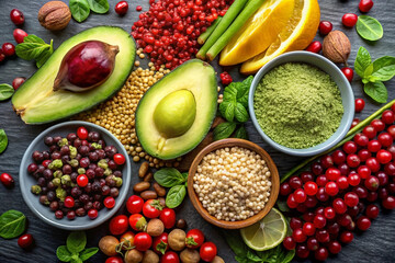 Overhead shot of various superfoods including avocado, cranberries, quinoa, and matcha powder.