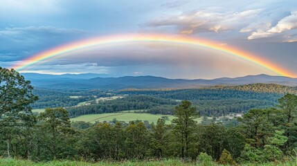 Vivid Rainbow Arcing Over Lush Green Mountains Under Dramatic Sky in Serene Landscape Capturing the Beauty of Nature's Scenic View