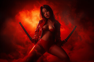 Beautiful Asian girl in a red latex suit with a katana in her hands posing in red smoke...