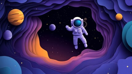 Paper cut illustration of astronaut floating in space