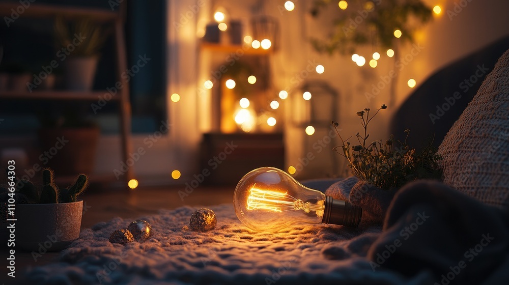 Poster A warm Edison bulb casting a gentle glow in a cozy setting, with string lights adding to the ambiance.