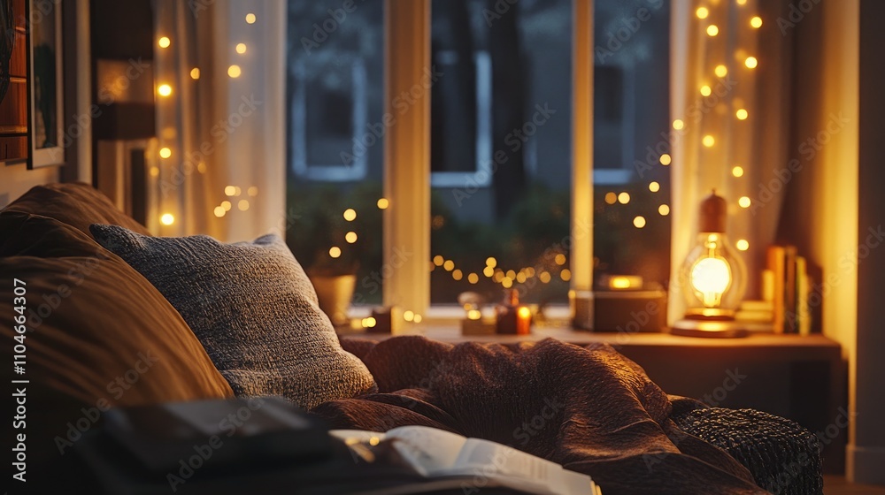 Poster A warm Edison bulb casting a gentle glow in a cozy setting, with string lights adding to the ambiance.