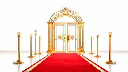 A grand golden gate with ornate detailing leads to a red carpet, flanked by golden stanchions and lamps. It evokes an exclusive, luxurious event entrance.