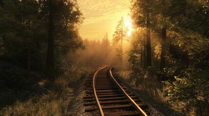 Fototapeta premium A warm, golden sunset lights up the rustic train tracks, weaving through a calm forest, evoking the beauty of forgotten paths and unexplored destinations.
