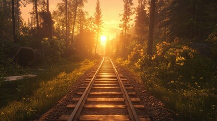 Fototapeta premium A warm, golden sunset lights up the rustic train tracks, weaving through a calm forest, evoking the beauty of forgotten paths and unexplored destinations.
