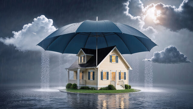 A house shielded by a giant umbrella during a rainstorm, representing safety, protection and the concept of reliable shelter from harsh weather.