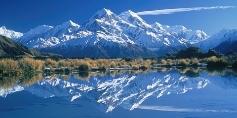 A striking image of snowy mountain peaks mirrored in the still waters.
