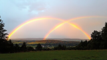 Naklejka premium Majestic Dual Rainbow Arcing Over Lush Green Landscape with Rolling Hills and Trees During Dramatic Evening Sky After Rain Storm