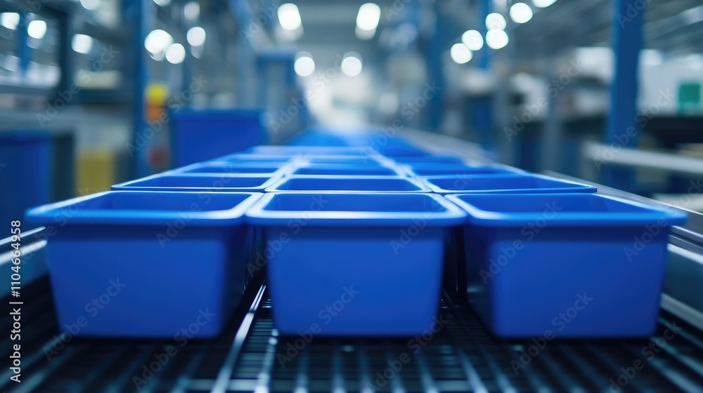 Poster blue plastic containers move seamlessly along a conveyor belt in a busy manufacturing facility, show