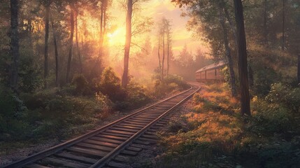 Obraz premium As the sun sets behind the trees, its golden light bathes the weathered train tracks, leading through a quiet forest. The atmosphere hints at untold stories and forgotten journeys.