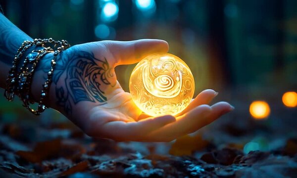 A hand with a tattoo and bracelets holds a glowing crystal ball in a forest.