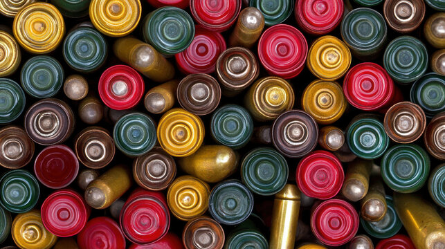 Colorful shotgun cartridges and scattered shot create vibrant display