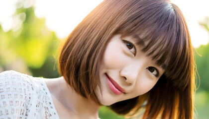 Naklejka premium ボブヘアーの笑顔の日本人女性