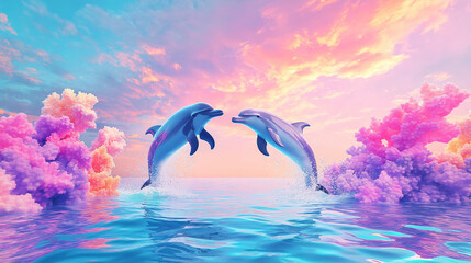 Dolphins flying against beautiful colorful background.
