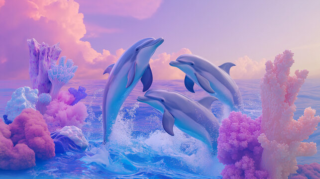 Dolphins flying against beautiful colorful background.
