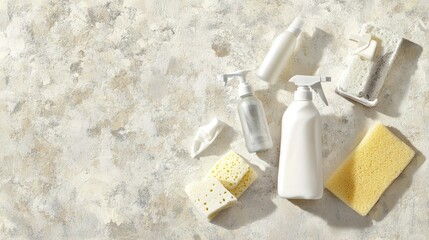 Close-up of neatly arranged cleaning supplies like sprays, sponges, and wipes on a textured, neutral-toned background.