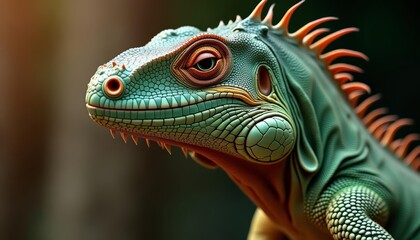Fototapeta premium Close-up of a green chameleon with orange accents