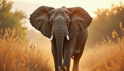 Obraz premium Elephant standing in tall brown grass