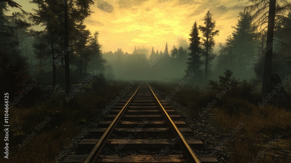 Poster golden sunlight pours over weathered train tracks nestled in a peaceful forest, the silhouette of di