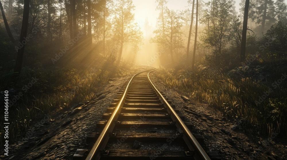 Poster golden sunlight pours over weathered train tracks nestled in a peaceful forest, the silhouette of di