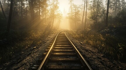 Fototapeta premium Golden sunlight pours over weathered train tracks nestled in a peaceful forest, the silhouette of distant trees adding to the allure of an abandoned path.