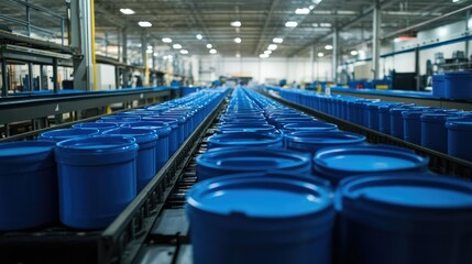 Obraz premium In a large factory, blue plastic containers travel along a conveyor belt, highlighting the speed and organization of an efficient manufacturing process.