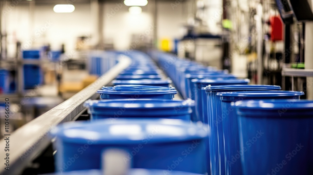 Aufkleber inside a busy factory, blue plastic containers steadily move down the conveyor belt, illustrating th