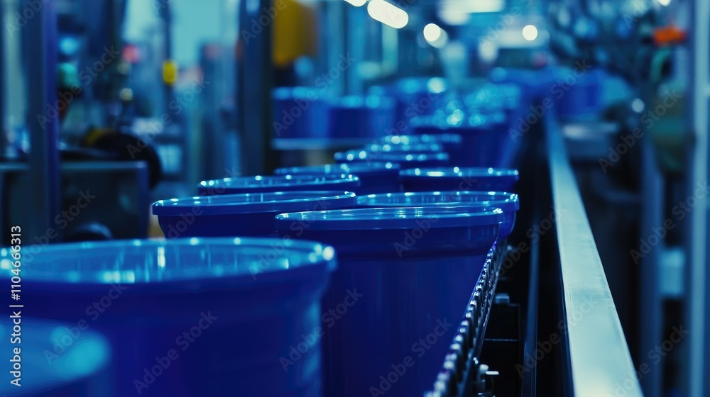 Poster inside a busy factory, blue plastic containers steadily move down the conveyor belt, illustrating th