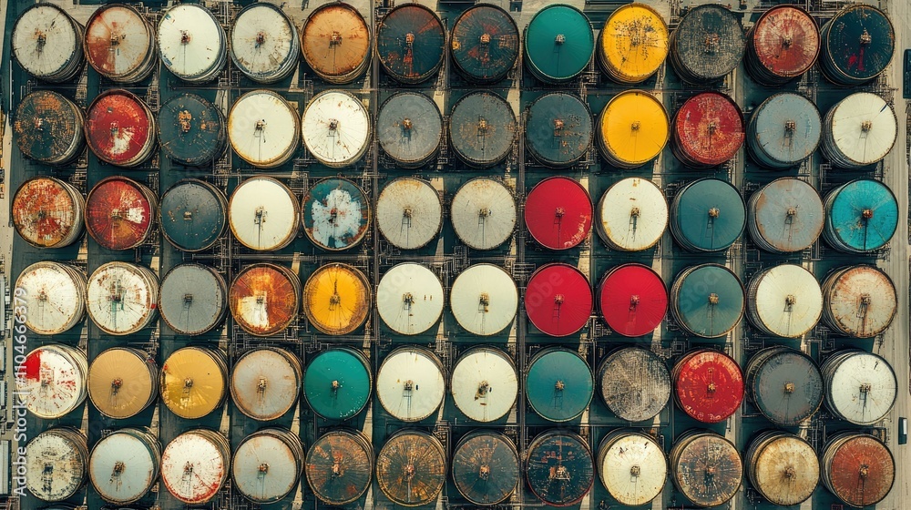 Poster overhead shot of large industrial storage tanks arranged symmetrically in a well-organized layout.