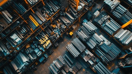 Overhead shot of a warehouse filled with neatly arranged metal pipes and industrial materials.