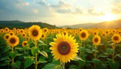 Bright yellow sunflowers in a field at sunrise