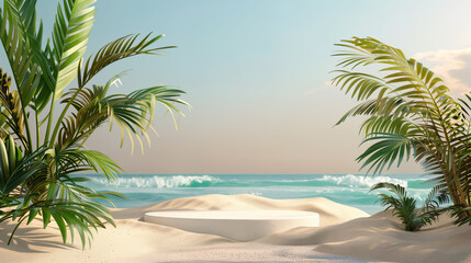 White Podium in Tropical Beach Scene with Sand and Palm Trees