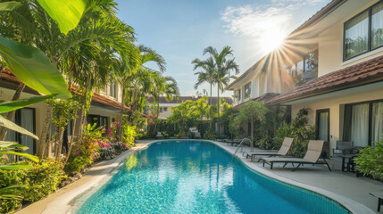 serene swimming pool surrounded by lush gardens and palm trees