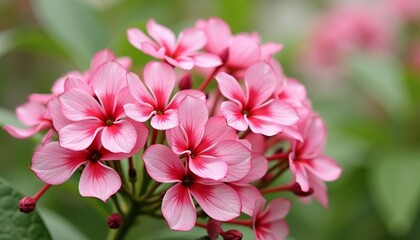 Obraz premium Close-up of pink flowers with green leaves in background