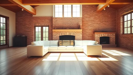 Sunlight streams into a spacious living room with exposed brick walls, hardwood floors, and a large sectional sofa
