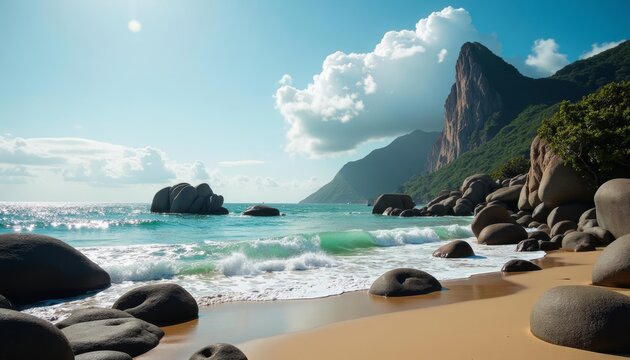 Rocky shore at sunset with mountains in the background - Powered by Adobe