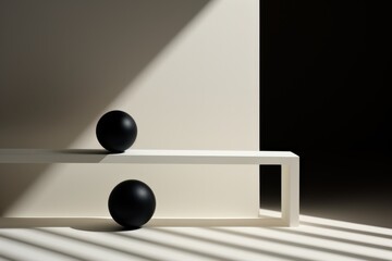 minimalist composition with black spheres and geometric shapes in soft light