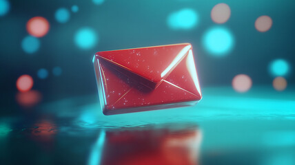 Red envelope floating above a reflective surface with colorful lights in the background
