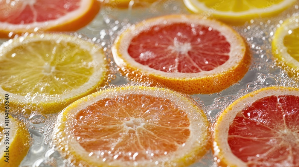 Poster vibrant slices of citrus fruits in a burst of bubbles, floating in clear water for a refreshing look