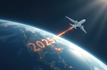 Futuristic airplane launching from earth with 2025 in glowing numbers