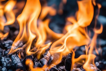 Vibrant Flames Dancing Over Charred Wood in a Fiery Abstract Background