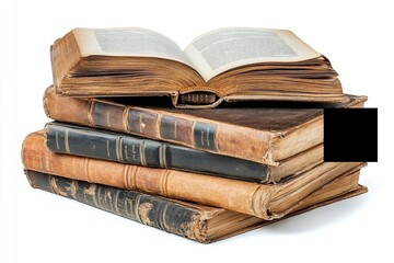 Excellent quality stack of books with an open book on top, isolated on a white backdrop. Generative Ai