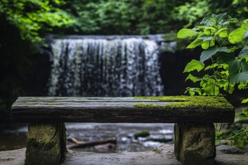 Fototapeta premium a tranquil scene featuring a wooden bench overlooking a serene waterfall surrounded by lush greenery
