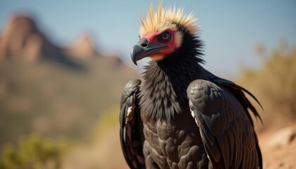 Obraz premium Flamboyant bird with black feathers and a red head standing on the ground in front of mountains
