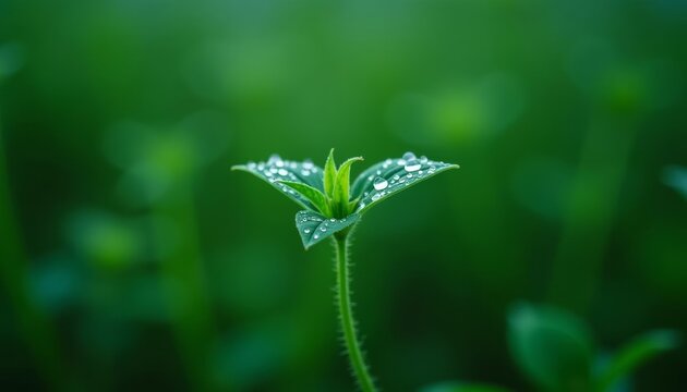 Dew drops on green leaf in blurred background of other leaves